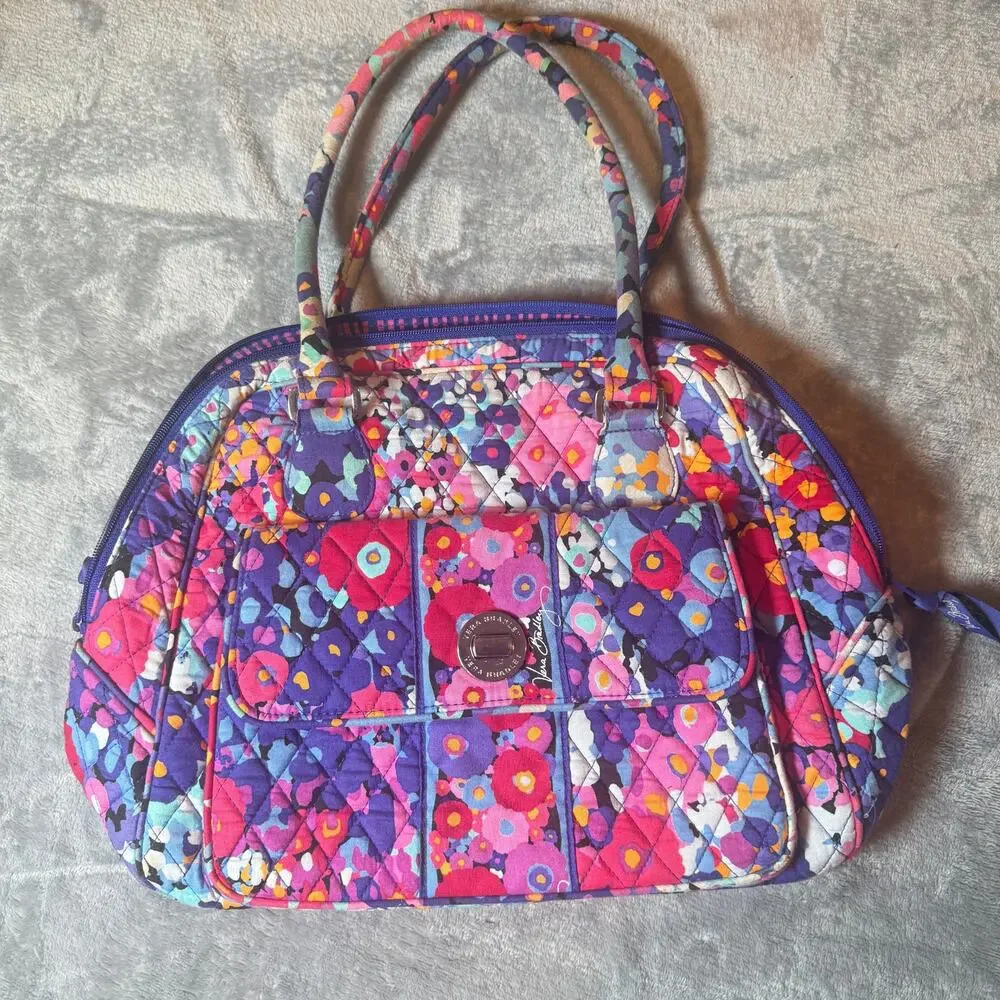 Vera Bradley Floral Quilted Satchel Purse Pink Purple Shoulder Bag Zip Top